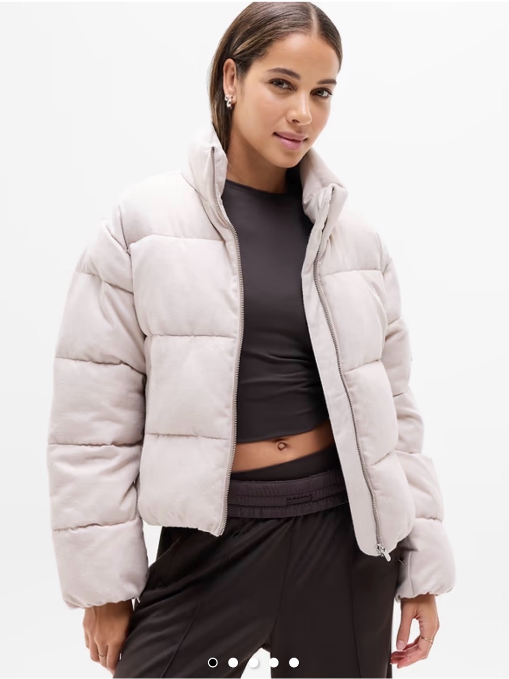 NWT Athleta Halo Flannel Puffer Jacket Large Beige Oatmeal Cropped Coat